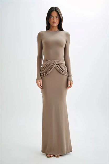 Women Diagonal Collar Long Sleeve Maxi Solid High Waist Ruched Bodycon Long Dress