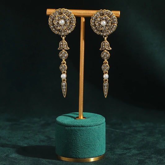 Vintage Luxury Camellia Rose Flower Designer White Rhinestones Layer Antique Indian Long Drop Dangle Earrings