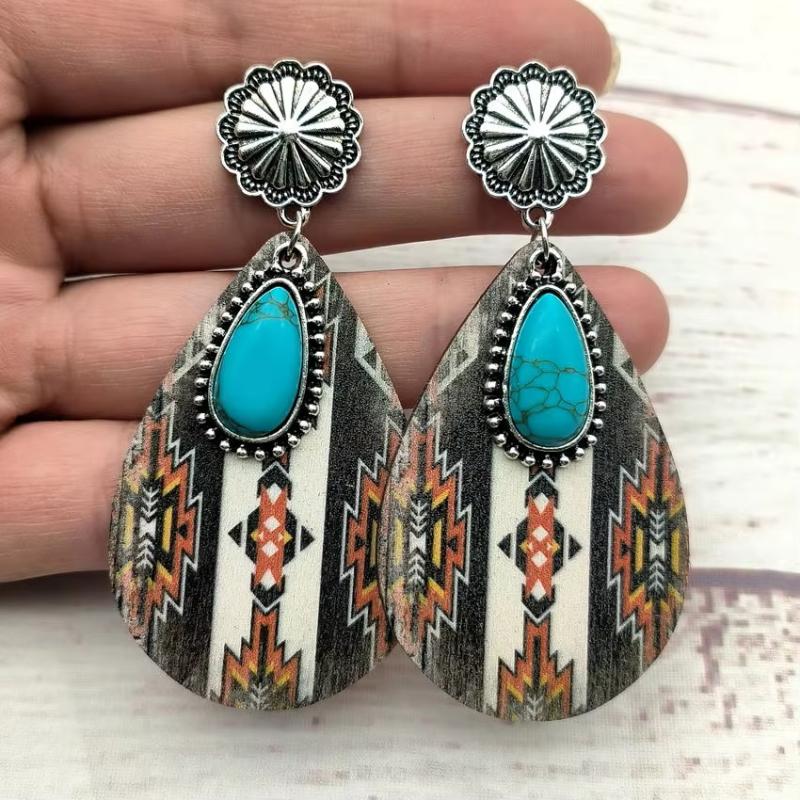 Women Turquoise Teardrop Wooden Aztec Teardrop Earrings