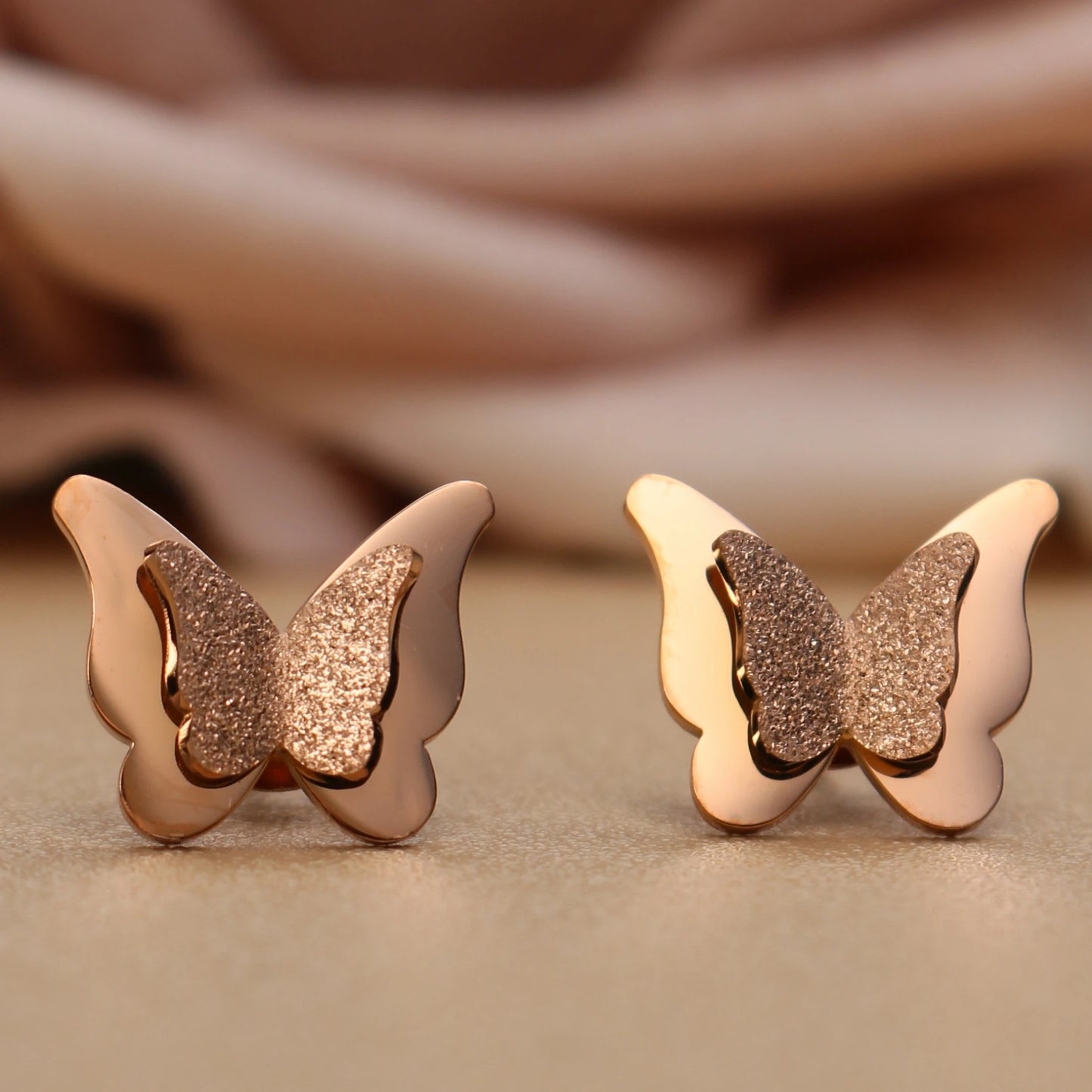 Sweet Romantic Gold Color Three-Dimensional Butterfly Design Stainless Steel Stud Earrings