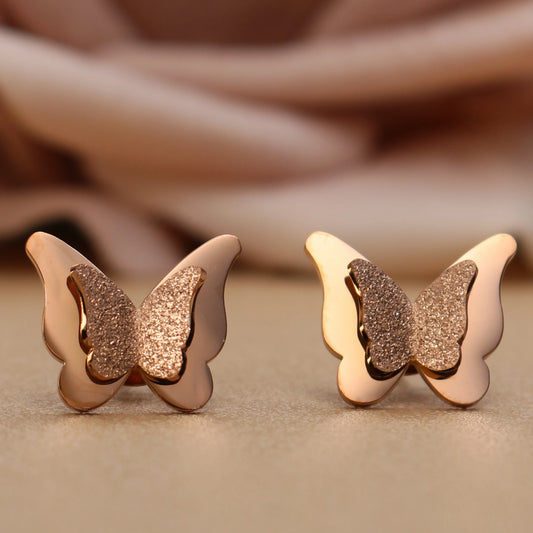 Sweet Romantic Gold Color Three-Dimensional Butterfly Design Stainless Steel Stud Earrings