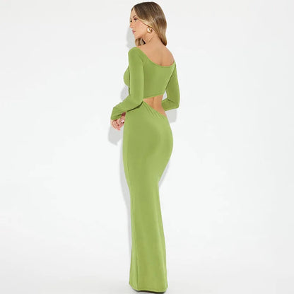 Women Hollow Out Long Sleeve Maxi V Neck Backless Bodycon Evening Maxi Dress