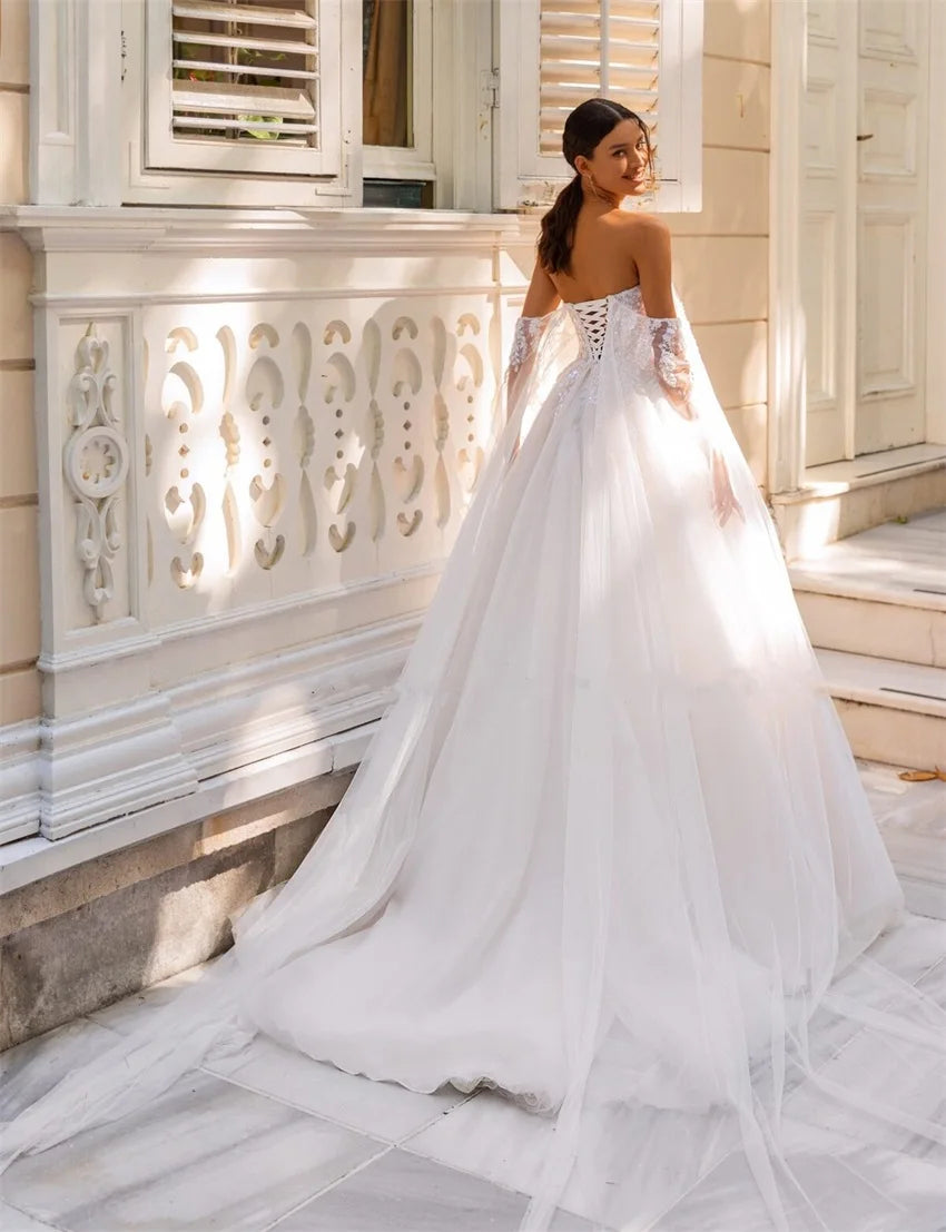 Boho Strapless Long Tulle Sleeves A Line Wedding Sweep Train Bridal Princess Dress