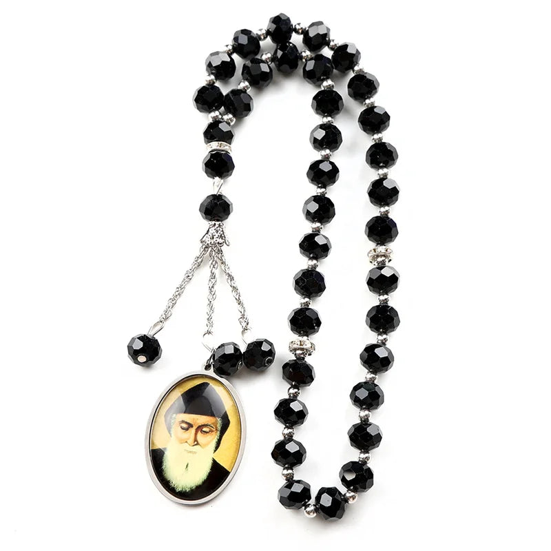 Women Men Stainless Steel Gold Color Amulet Prayer Beads Orthodox Church Saint Glass Medal Car Pendant Necklace