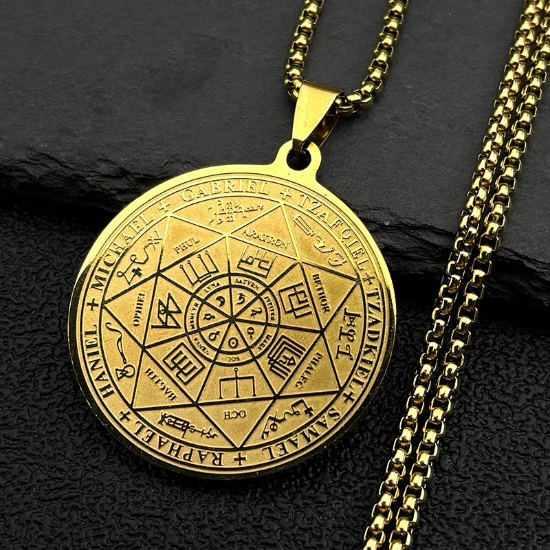 Women Men Stainless Steel Seal of Solomon Christian Amulet Seven Archangels Sigil Medal Angel Pendant Necklace