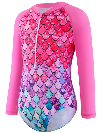 Kids Girls One-Piece Long Sleeve Scale Print Beach Rose Pink Bikini-Cut Bottom Swimwear