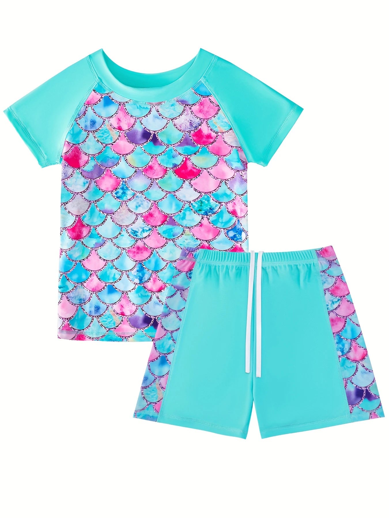 2pcs Kids Girls Short Sleeve Tops Swim Shorts Scale Print Patchwork Beach Bathing Swimwear