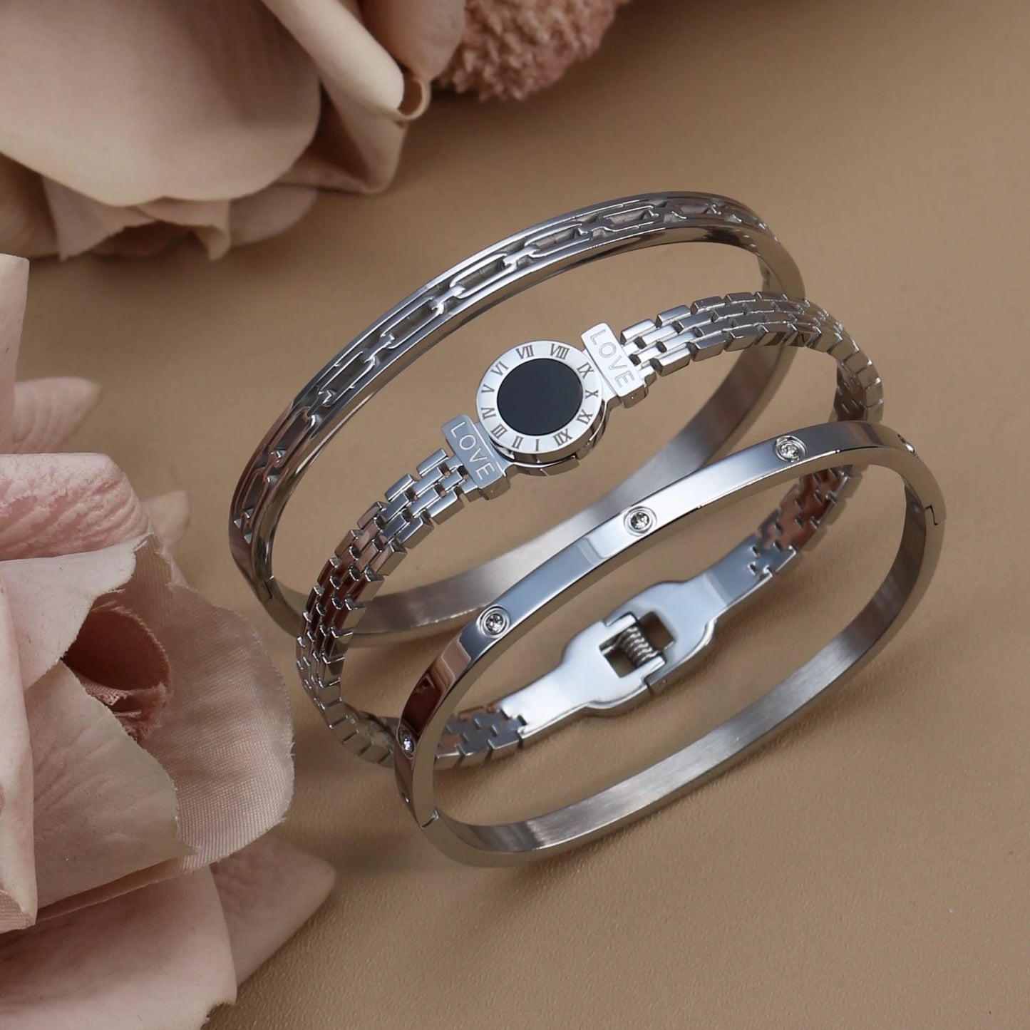 Stainless Steel Zircon Roman Numeral Chain Design Women Bracelet Bangle