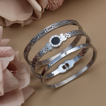 Stainless Steel Zircon Roman Numeral Chain Design Women Bracelet Bangle