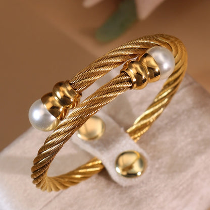 Women Fashionable Double Heart Stainless Steel Pearl Adjustable Bracelet Bangle