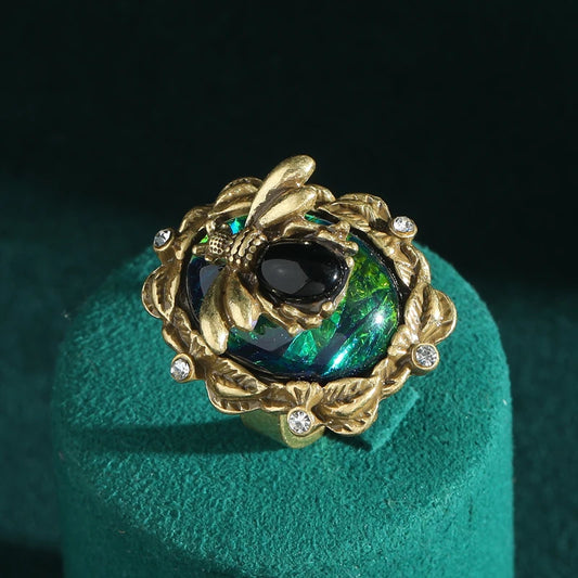 Vintage Old Stylish Bee Gold Color Rhinestones Leaf Pearl Ring