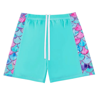 2pcs Kids Girls Short Sleeve Tops Swim Shorts Scale Print Patchwork Beach Bathing Swimwear