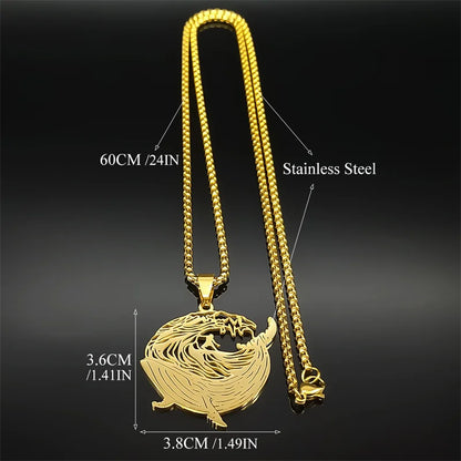 Whale Surf Riding Women Men Stainless Steel Gold Color Chain Necklace Pendant