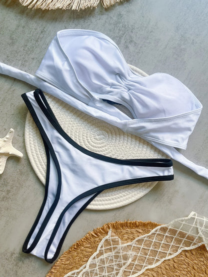 Women Solid Color 3D Flower Split Flat Strap Swimwear Beach Bikini Bathing Suits