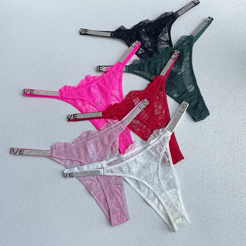 Women Lace Seamless Underwear Rhinestone G-String Thong Low Rise Panties Briefs