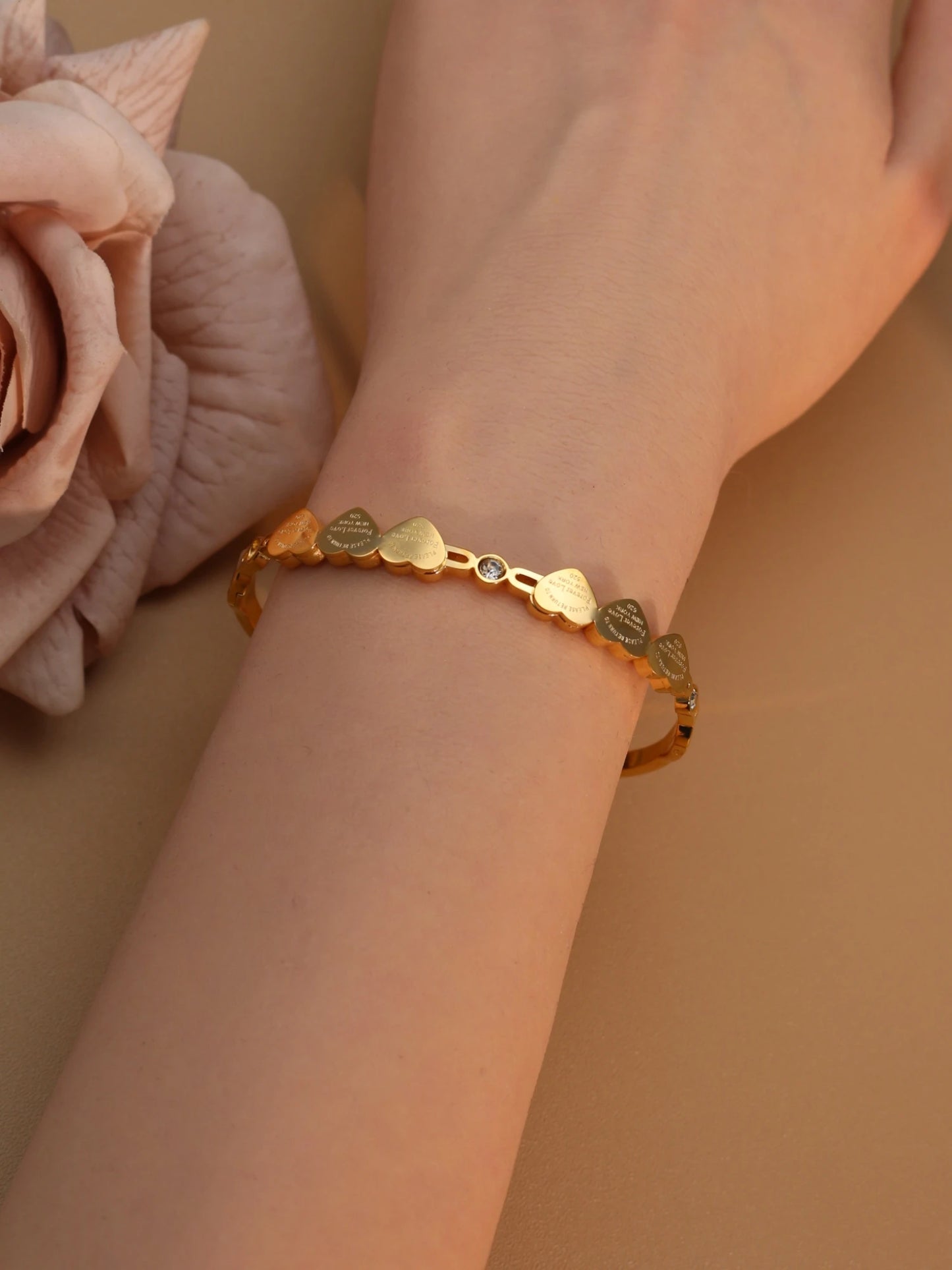 Delicate Stainless Steel Gold Color Peach Heart Crystal Design Charm Bangle Bracelet