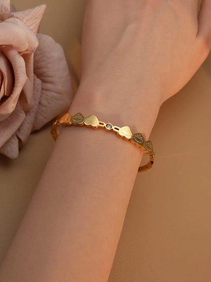 Delicate Stainless Steel Gold Color Peach Heart Crystal Design Charm Bangle Bracelet