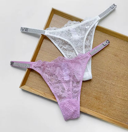 Women Lace Seamless Underwear Rhinestone G-String Thong Low Rise Panties Briefs