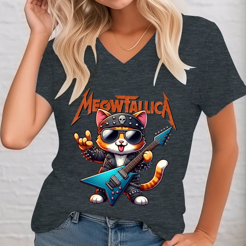 Rocker Cat w/ Guitar Graphic Women Fun Music Lover Cartoon Rock Music Tops Shirt