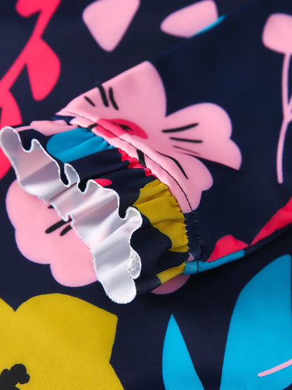 Kids Girl Floral Pattern Long Sleeve Zipper Back Ruffles Frill Cuff Jumpsuit Swimwear Beachwear Bathing Suits