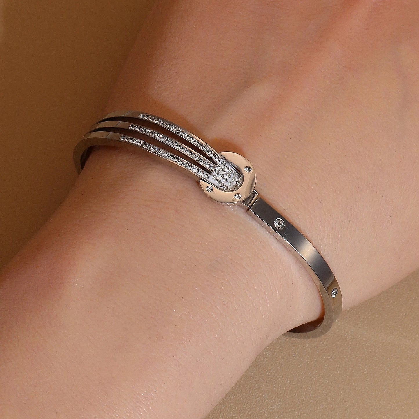 Women 18k Gold Plated Crystal Hollow Open Stainless Steel Bracelet