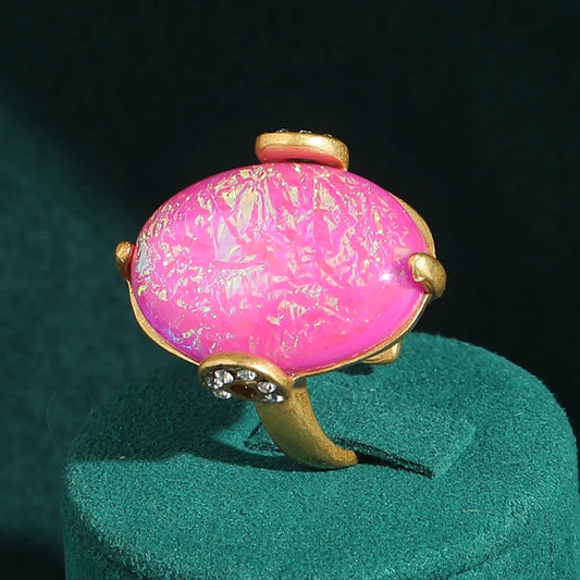 Women Vintage Large Oval Pink Opal Wedding Antique 18k Gold Color Adjustable Ring