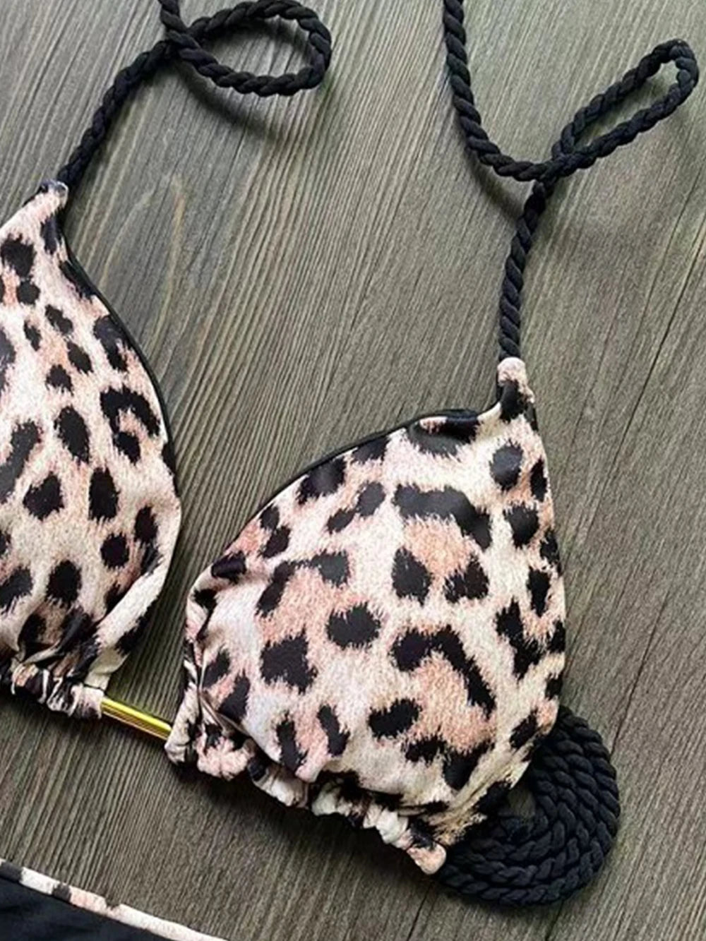 Sexy Leopard Print Women's Split Bikini Woven Rope Strap Fringe Two-Piece Swimsuit Bathing Suit