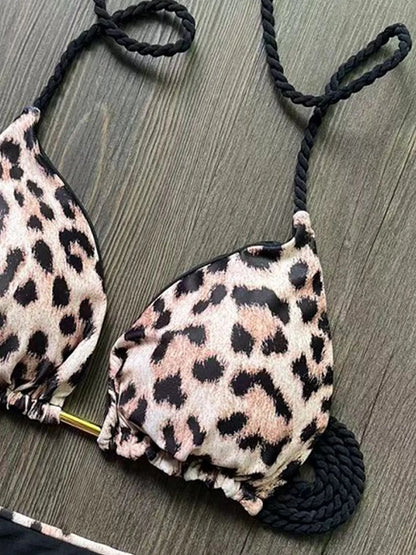 Sexy Leopard Print Women's Split Bikini Woven Rope Strap Fringe Two-Piece Swimsuit Bathing Suit