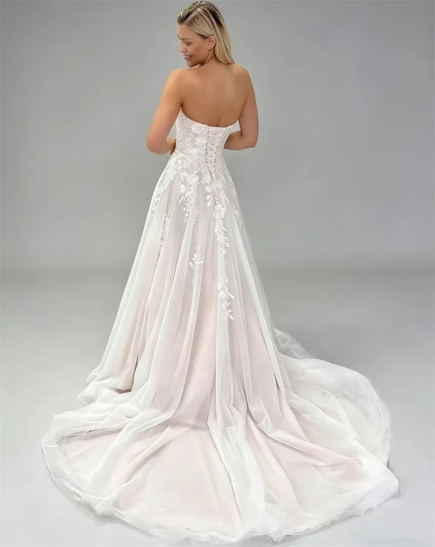 Boho Sweetheart A-line Tulle Sleeveless Lace Appliques Bride Long Bridal Wedding Dress