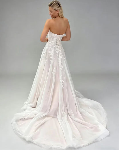 Boho Sweetheart A-line Tulle Sleeveless Lace Appliques Bride Long Bridal Wedding Dress