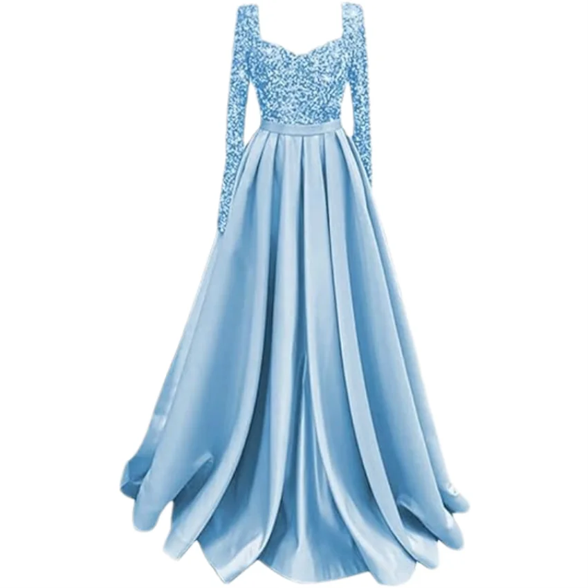 Long Sleeve Sequin Prom Long Satin Women Formal A-Line Evening Party Ball Gown Dress w/ Pockets