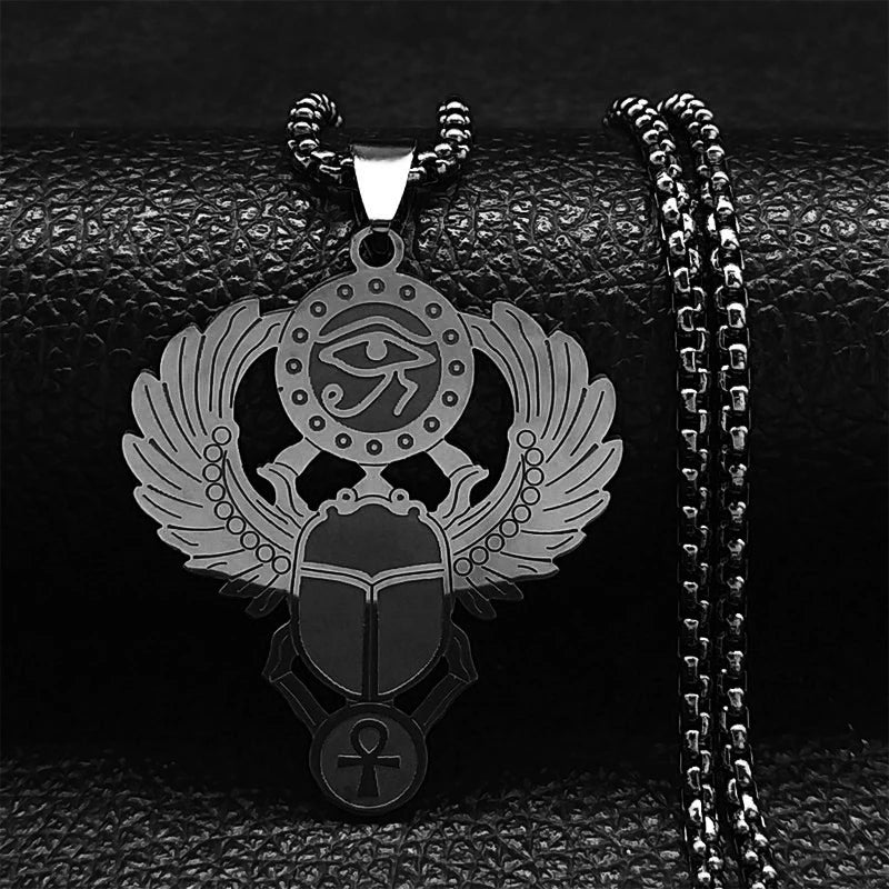 Key Of Life Egyptian Scarab Eye of Ra Horus Symbol Stainless Steel Gold Color Pendant Necklace