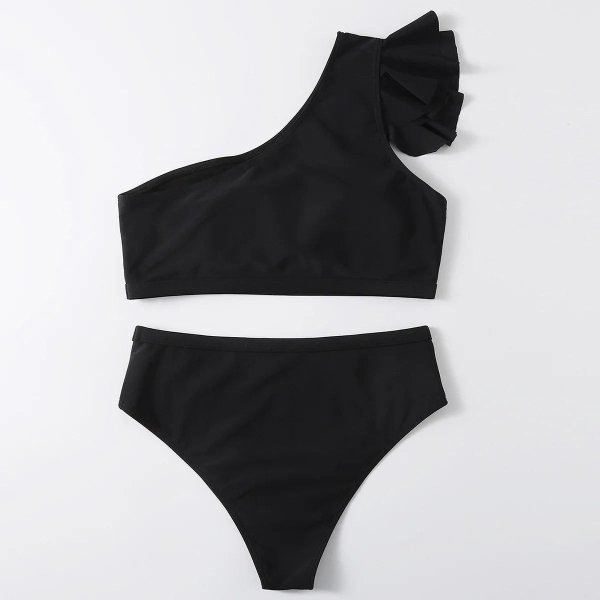 One Shoulder Bikinis Women Ruffle Swimsuit Solid High Waist Swimwear Padded Bathing Swimming Suit Beachwear