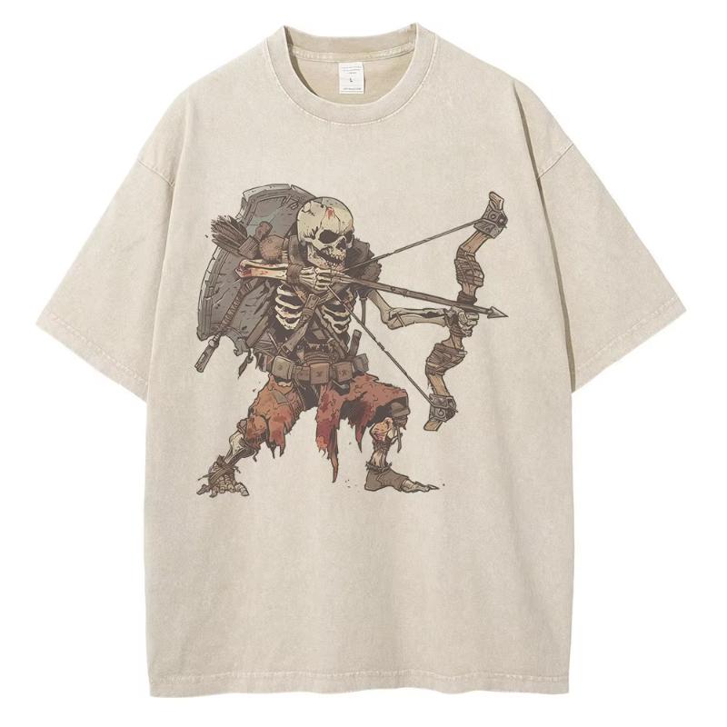 Men Skeleton Undead Warrior Dark Dungeon Comic Print Distressed Washed Cotton Tops Tees Shirt