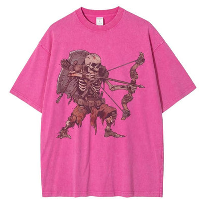 Men Skeleton Undead Warrior Dark Dungeon Comic Print Distressed Washed Cotton Tops Tees Shirt