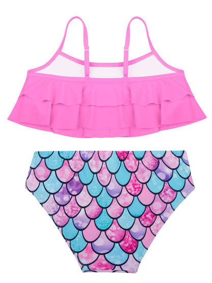 2pcs Kids Girl Sleeveless Pink Ruffle Crop Tops Scale Print Swim Briefs Swimming Suit