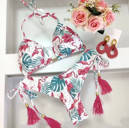 Sexy Print Bandage Bikini Women Swimsuit Halter Triangle Swimwear Bathing Brazilian Suit