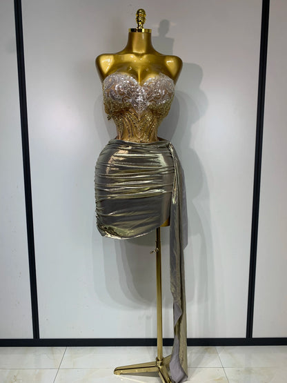 Sexy Strapless Sequins Rhinestone Gold Dress Glitter Two Pieces Birthday Evening Party Night Dress