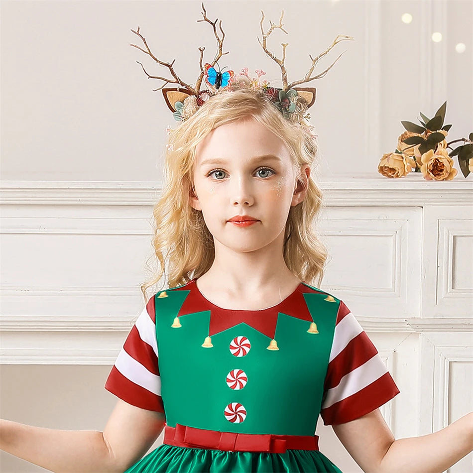 Girls Kids New Year Party Santa Claus Snowman Print Cosplay Costume Xmas Princess Theme Party Dress