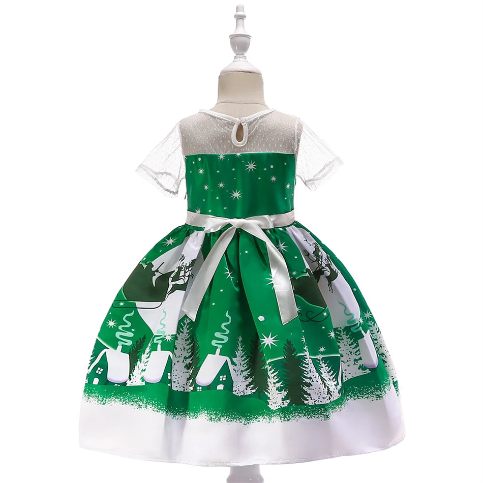 Kids Girls Princess Cartoon Santa Claus Snowflake Costume Xmas Party Print Dress