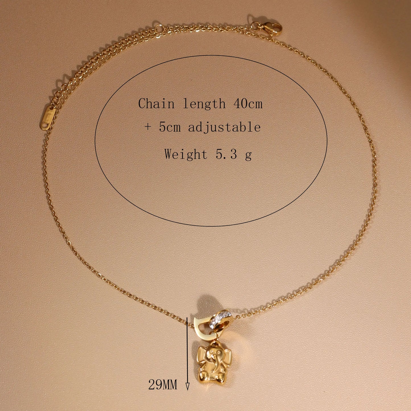 Women Small Elephant Zircon Roman Numeral 18K Gold-Plated Stainless Steel Necklace