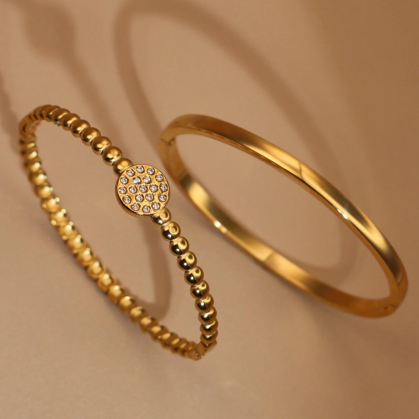 Women Fashion 2-in-1 Plated 18K Gold Zircon Stainless Steel Designer Bracelet Bangle