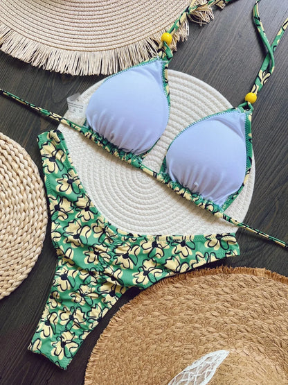 Sexy Botany Print Bikinis Swimsuit Two-piece Triangle Halter Swimwear Bathing Suit Brazilian