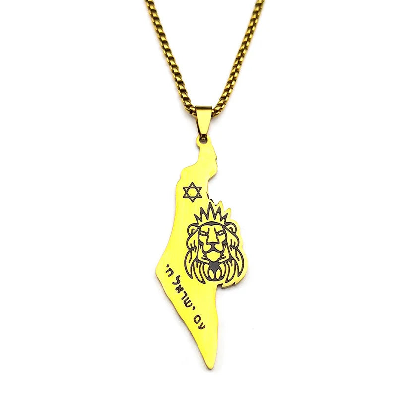 Women Men Stainless Steel Gold Color Magen Jewish Star David Hebrew Israel Map Lion of Judah Pendant Necklace