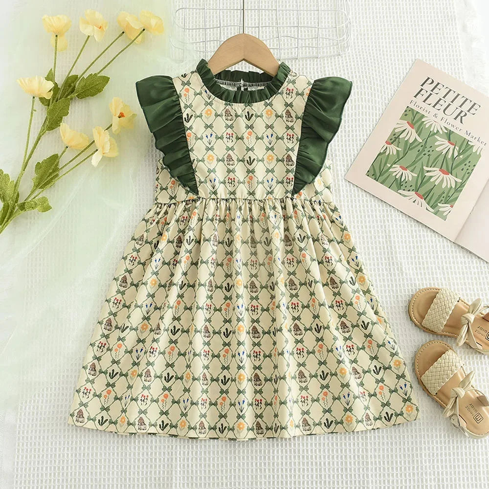 Kids Girls Summer Flower Rabbits Princess Flying Sleeves Print Party Dress 3-7 Years