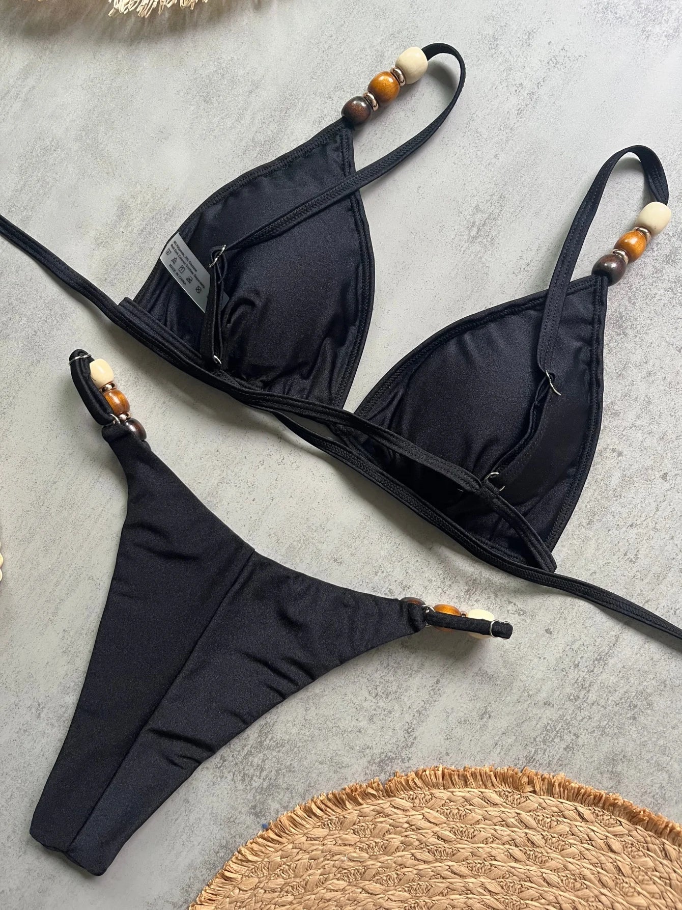 Sexy Women Pearls Strap Hole Out Push Up Bra Thong Swimsuit Brazilian Beach Bathing Micro Bikini Suit