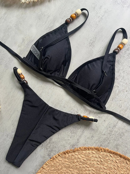 Sexy Women Pearls Strap Hole Out Push Up Bra Thong Swimsuit Brazilian Beach Bathing Micro Bikini Suit