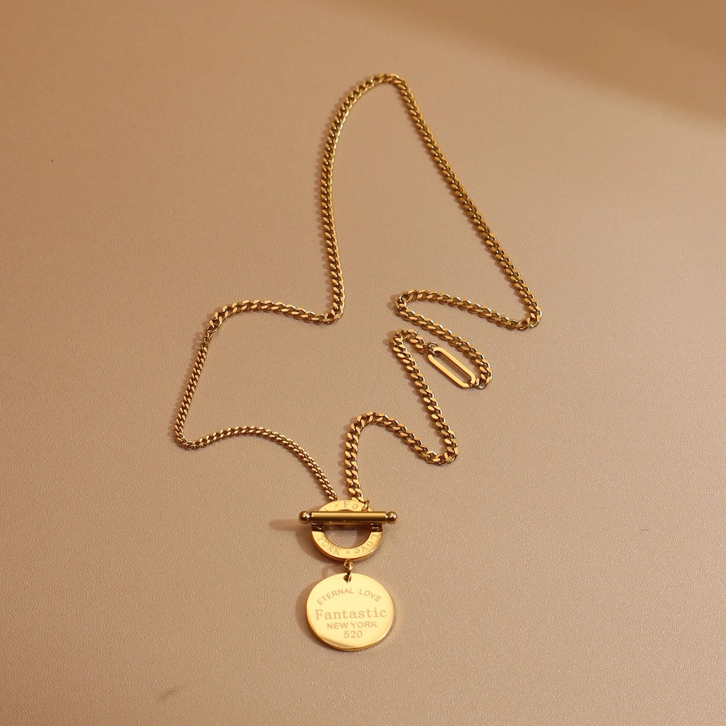 FOREVER LOVE Roman Numeral Round Stainless Steel 18K Gold Pated Women's Pendant Necklace