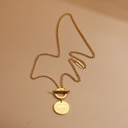 FOREVER LOVE Roman Numeral Round Stainless Steel 18K Gold Pated Women's Pendant Necklace