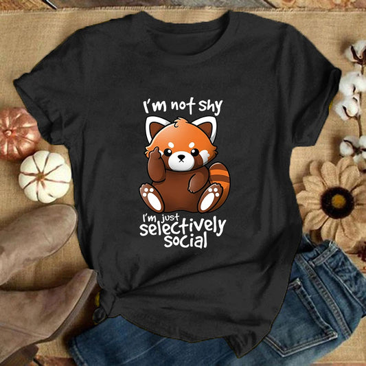 Panda I'M Not Shy I'M Just Selectively Social Printed T-Shirts Women Short Sleeve Funny Round Neck Tee Tops